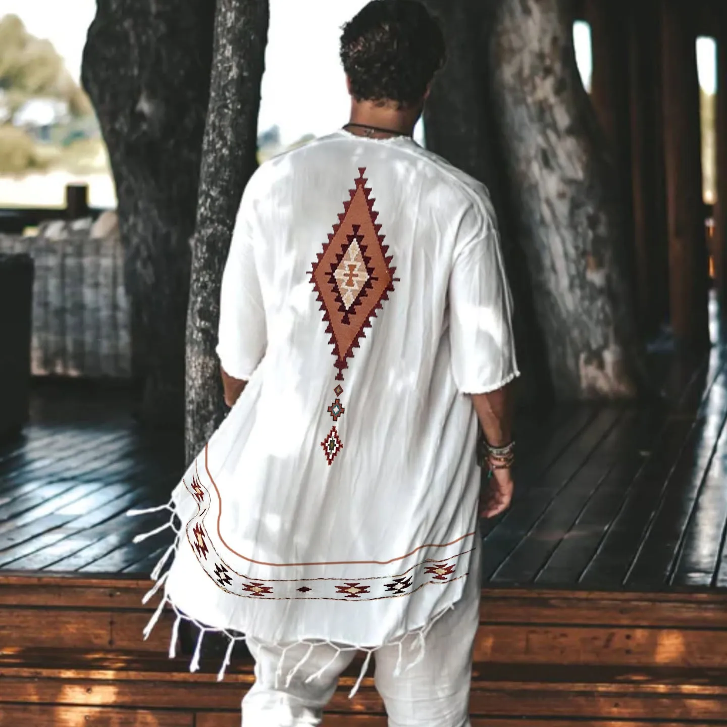 Xituodai -Arabic robe embroidered striped mid-length sleeve muslim men's robe